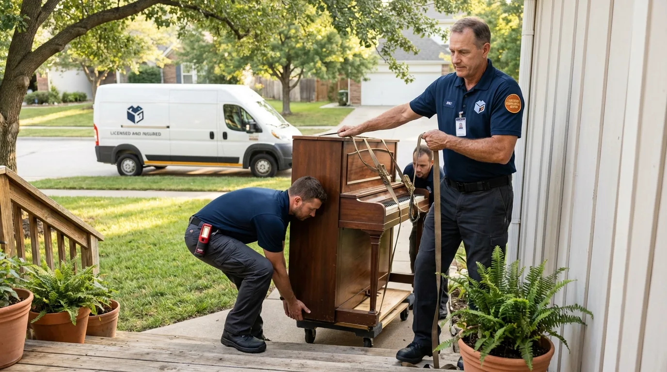 Licensed piano movers securing grand piano in Tipton, IA