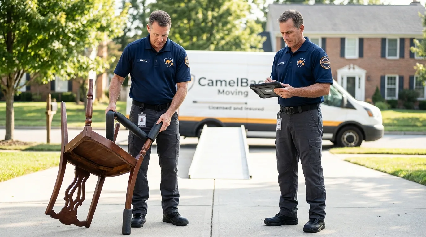Movers inspecting furniture for damage prevention before loading in Tipton, IA