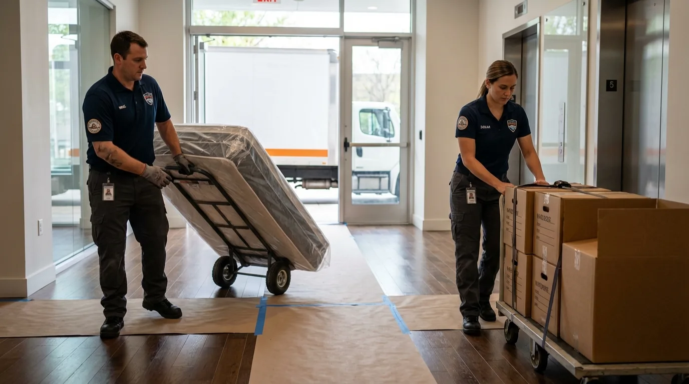 Professional apartment movers loading elevator in Tipton, IA